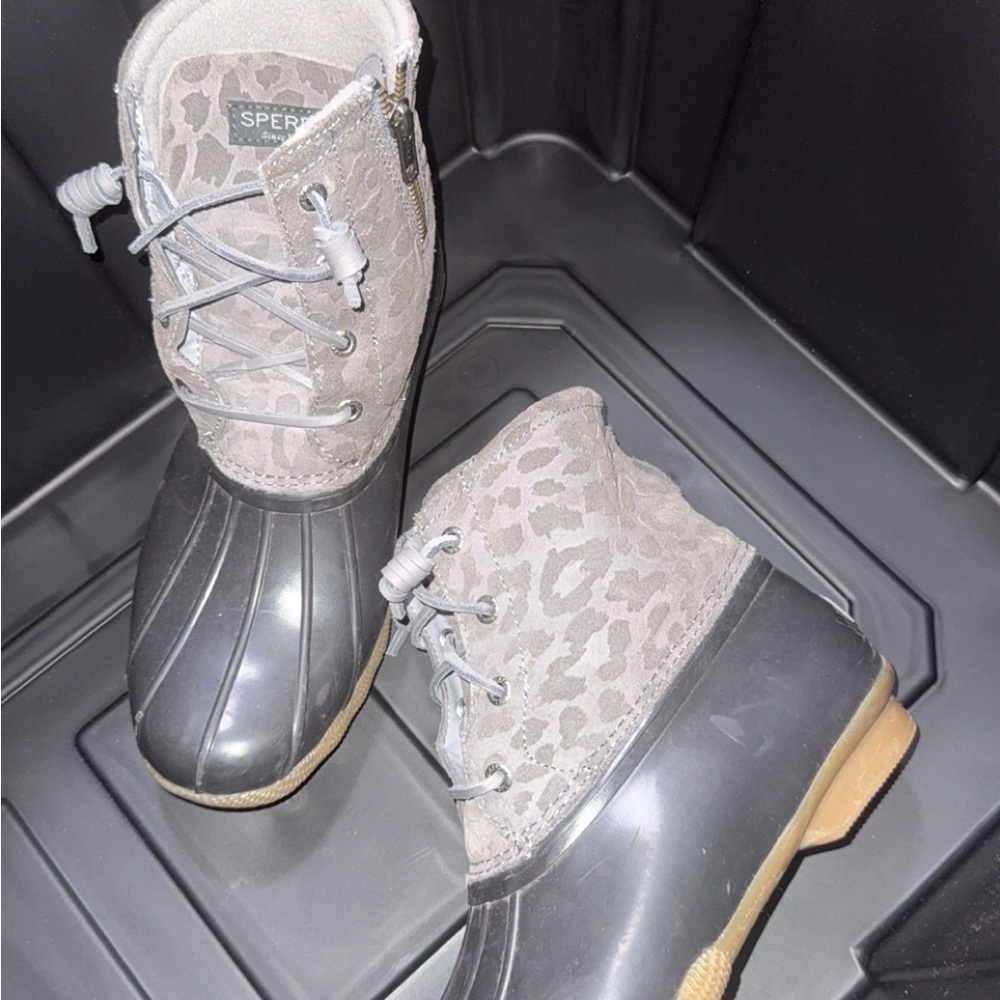 Sperry Gray and Black Leopard Duck Boots